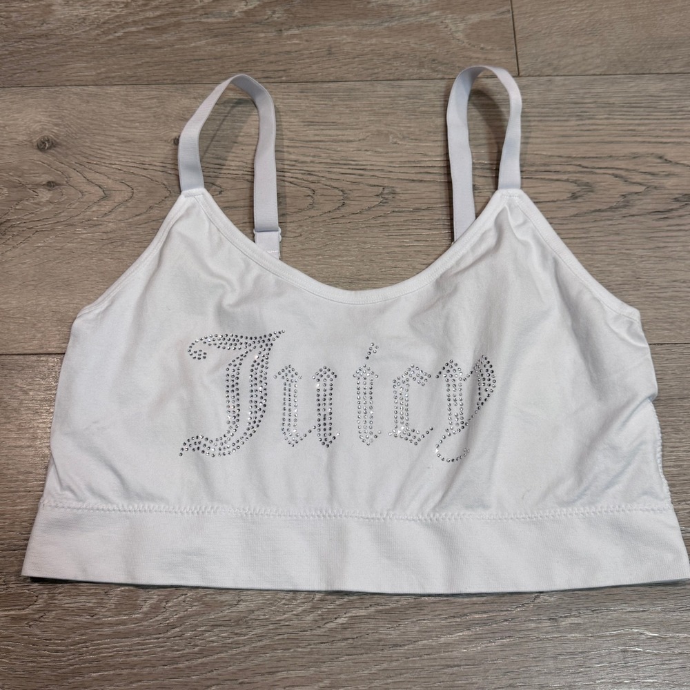 Juicy Couture White Rhinestone Logo Bralette Adjustable Straps Size 3X XXXL